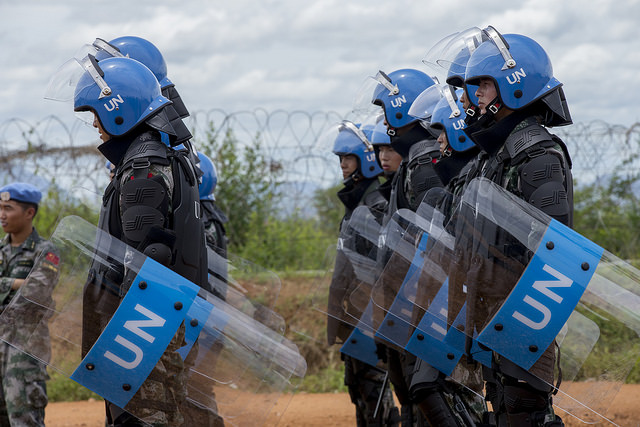 The UN Mission in South Sudan (UNMISS) conducts a training exercise in riot control for its peacekeepers in Juba, South Sudan, May 2015.