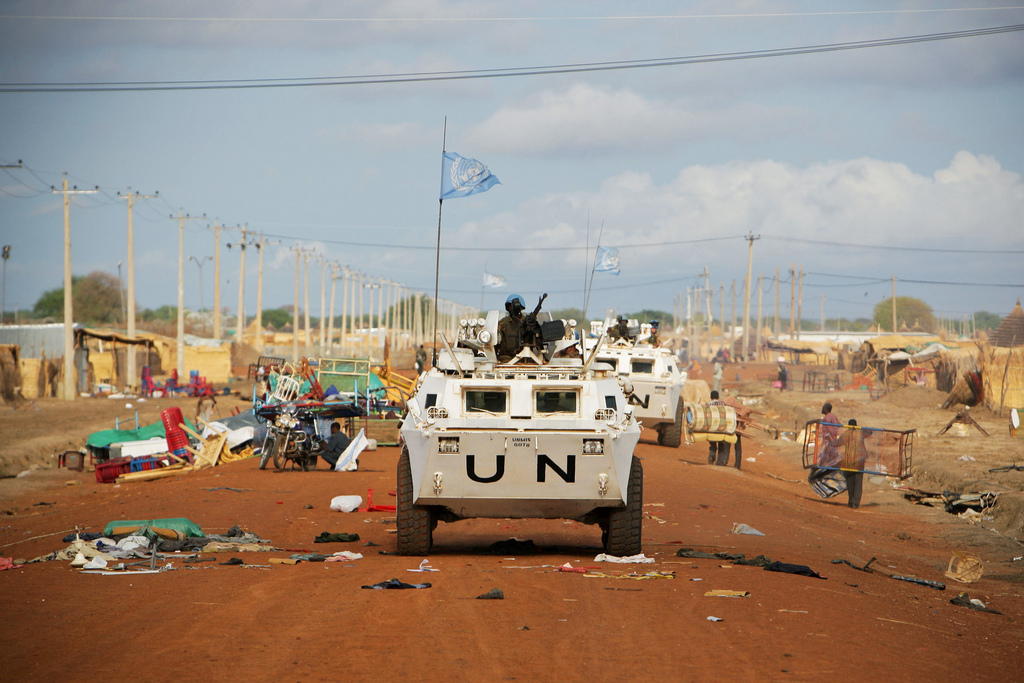 Zambian UN peacekeepers drive along the border of Sudan and South Sudan