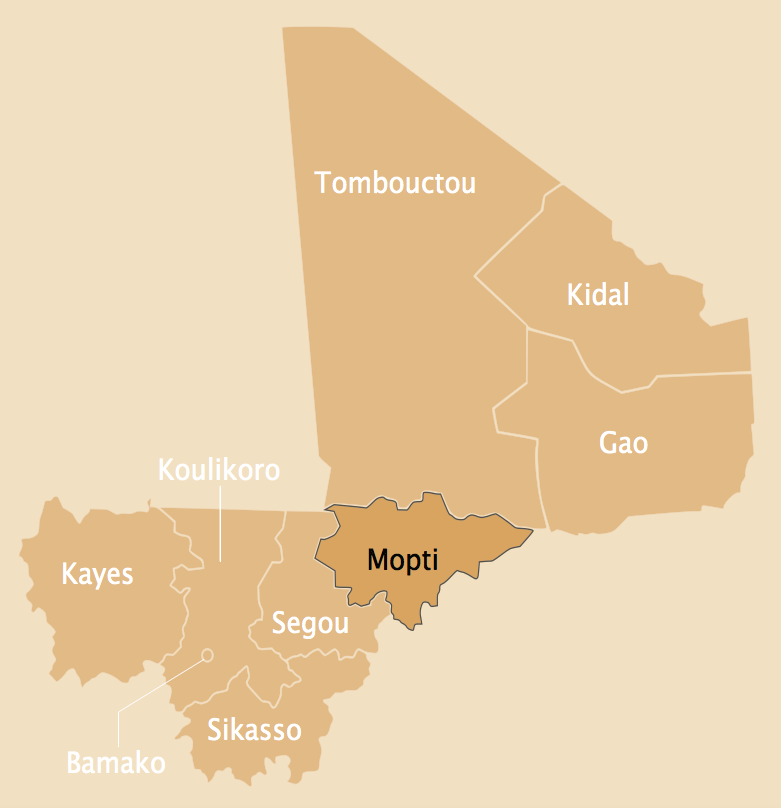 Map of Mali highlighting the Mopti region