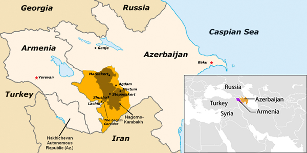 Map of Armenia and Azerbaijan and surrounding countries.