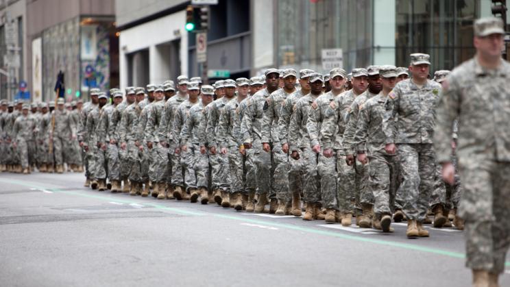 Soldiers marching at the St. Patrick's Day Parade in New York in USA, 2013