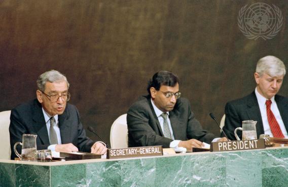 1995 Review Conference of the 1968 Treaty on the Non-Proliferation of Nuclear Weapons. From left to right: Secretary-General Boutros Boutros- Ghali; Ambassador Jayantha Dhanapala, Conference President; Prvoslav Davinic, Conference Secretary-General.