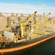 Grain being loaded into holds of sea cargo vessel, Odessa, Ukraine, Aug. 2021. Shutterstock/Elena Larina