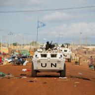 Zambian peacekeepers from the United Nations Mission in Sudan (UNMIS) patrol streets in Abyei on the border of Sudan and South Sudan.