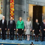 The leaders of the European Council, European Commission and European Paliament recive the Nobel Peace Prize on behalf of the EU in 2012..